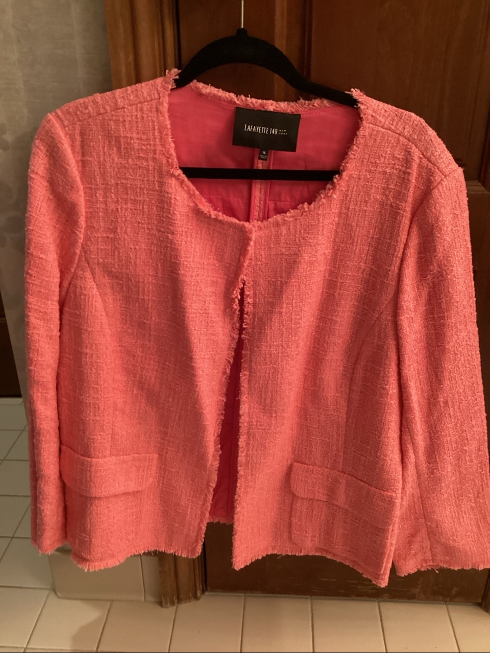 Lafayette 148 New York Pink Fringe Tweed Collarless Blazer